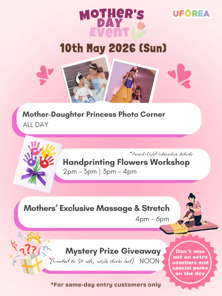 UFOREA Mother's Day Event poster — 10 May 2026, princess photo corner, handprinting flowers workshop, mothers' massage, mystery prize giveaway